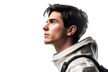 Side view of a young man with backpack looking away on white backgroundの素材