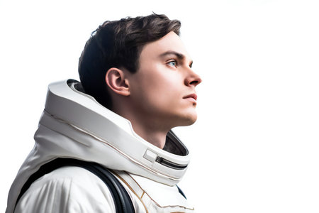 Portrait of a handsome young man in an astronaut suit on a white backgroundの素材