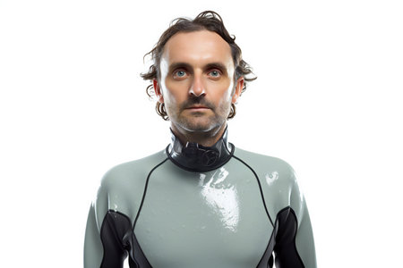 Portrait of a man in a futuristic suit isolated on white backgroundの素材