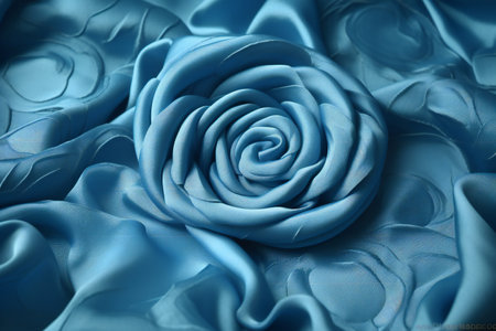 close up of blue silk fabric texture background with beautiful rose flower patternの素材