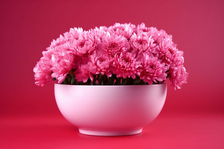 Pink chrysanthemums in a vase on a pink backgroundの素材