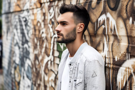 Portrait of a handsome young man with trendy hairstyle in urban backgroundの素材