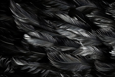 Black feathers background. Close-up of black feathers texture background.の素材