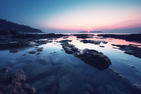 beautiful sunset on the beach with rocks and reflection in the waterの素材