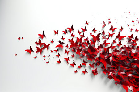 Abstract background with flying red paper butterflies.の素材