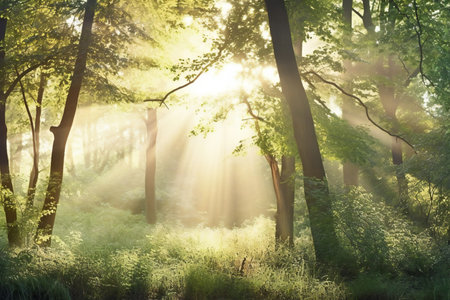 Morning in the forest. Sunbeams through the trees. Sunlight through the trees.の素材