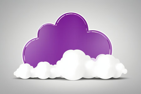 Purple cloud with white fluffy clouds on grey background.の素材