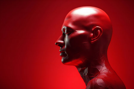 Human face made of red plastic on a red background.の素材