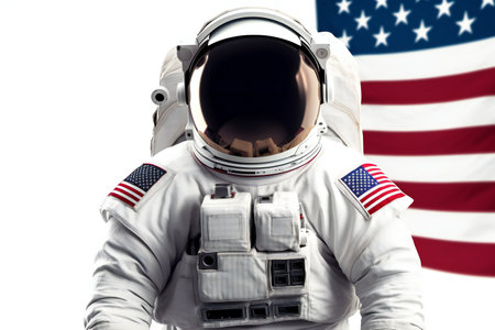 Astronaut on the background of the flag of the USA.の素材