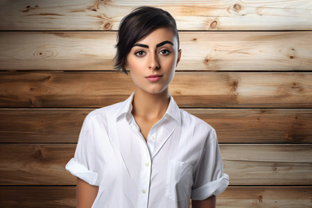 Portrait of a beautiful young woman in a white shirt on a wooden backgroundの素材
