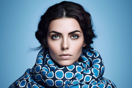 Portrait of a beautiful brunette woman with evening make-up and blue scarf.の素材