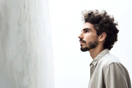 Handsome young man with curly hair looking away while standing against white wallの素材