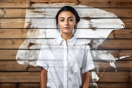 Portrait of a beautiful woman in a white shirt on a wooden backgroundの素材