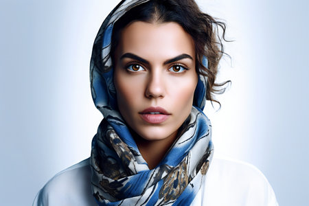 Portrait of a beautiful arabic woman with blue scarf.の素材