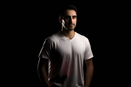 Young handsome man in white t-shirt on a dark background.の素材