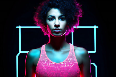 Beautiful african american woman with afro hairstyle posing in neon light.の素材