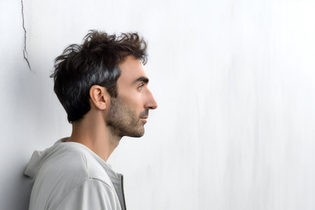 Side view of handsome young man standing against white wall with copy spaceの素材