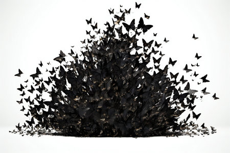 Paper bats flying in the shape of a tree on a white backgroundの素材