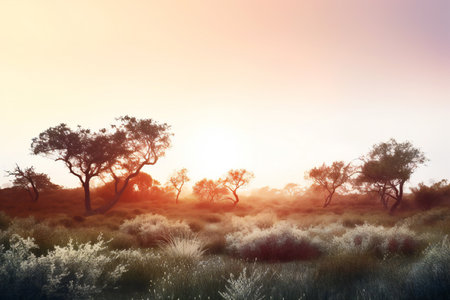 Landscape with trees and grasses at sunset.の素材