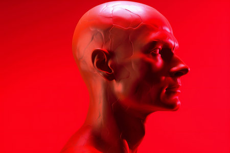 Human head made of red plastic on a red background.の素材