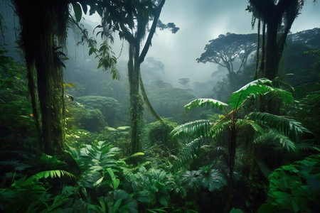 Tropical rainforest with ferns and rainforest treesの素材