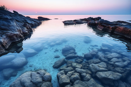 Beautiful seascape with rocks and sea water at sunset.の素材