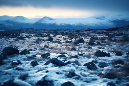 Winter landscape with snow on the rocks and mountains in the background.の素材
