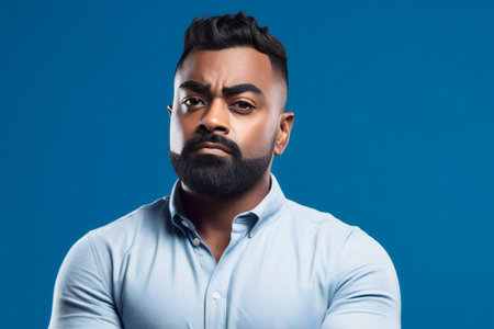 Portrait of a pensive indian man on blue background.の素材