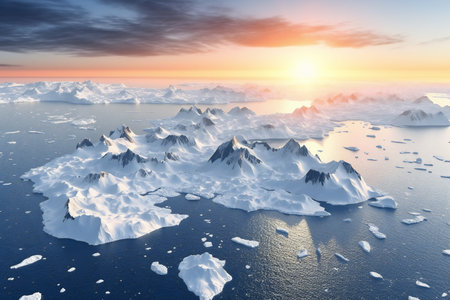 Icebergs floating in the ocean at sunset.の素材