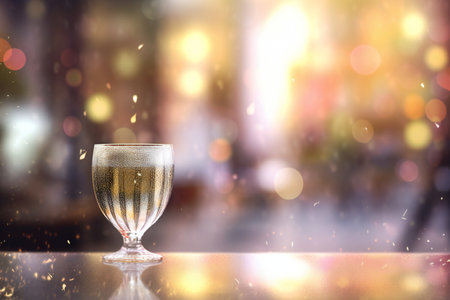 A glass of water on a table in a restaurant with bokeh backgroundの素材
