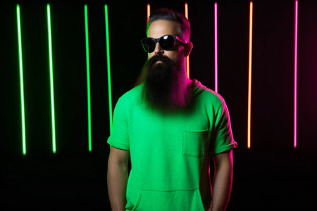 Bearded man, long beard. Brutal caucasian hipster with moustache in green t-shirt and sunglasses on black background with neon lightsの素材