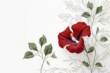 Red hibiscus flowers and green leaves on white background with copy spaceの素材