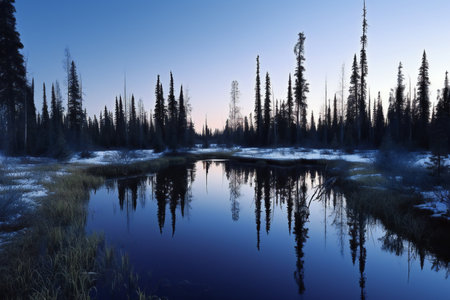 Reflection of trees in a frozen lake at sunset in the forestの素材