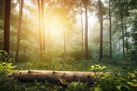 Wooden log in the forest at sunrise. Nature and environment concept.の素材