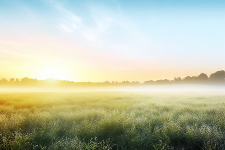 Foggy meadow at sunrise. Beautiful natural background. Nature composition.の素材
