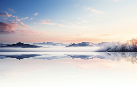 Beautiful winter landscape with lake and mountains on a background of blue skyの素材
