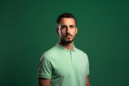 Portrait of young man in green polo shirt on green backgroundの素材