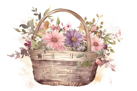 Basket with flowers. Watercolor illustration isolated on white background.の素材