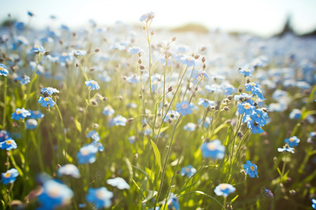 Forget-me-not flowers on the meadow at sunsetの素材