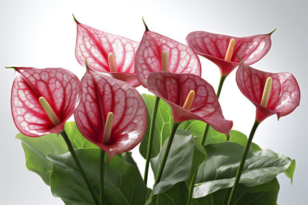 Close up of red anthurium flowers with green leaves on white backgroundの素材