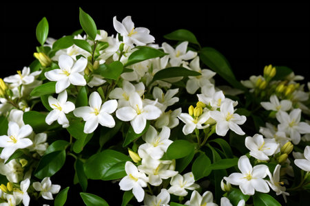 White jasmine flowers on a black background with copy space.の素材