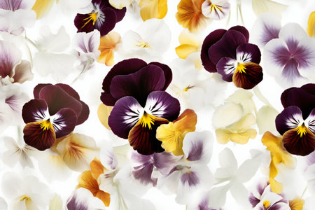 Beautiful pansy flowers on white background, top view. Floral patternの素材