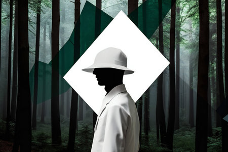 Silhouette of a man in a white coat and a hat standing in the middle of a green forestの素材