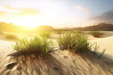 Sunset in the desert. Sand dunes and grass.の素材