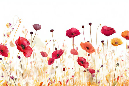 poppy flowers isolated on white background, watercolor hand drawn illustrationの素材