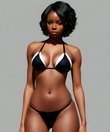Sexy African American woman in a black bikini, 3d renderの素材