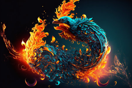 a phoenix with fire flames on a black backgroundの素材