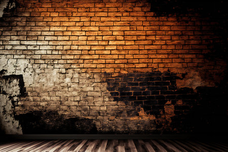 Grunge brick wall with wooden floor and wood floor background.の素材