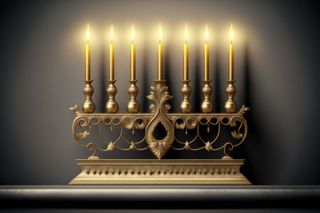 Golden candelabrum with burning candles on dark background.の素材