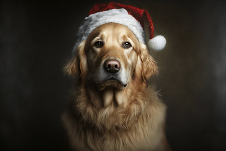 Golden Retriever in a Santa Claus hat on a dark backgroundの素材